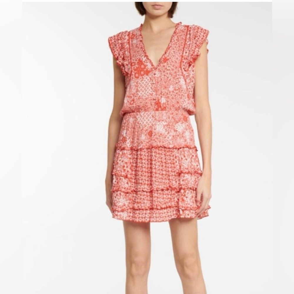 Poupette St‎ Barth Coral Ruffle Tiered Mini Dress Tassels Resort Preppy Tropical